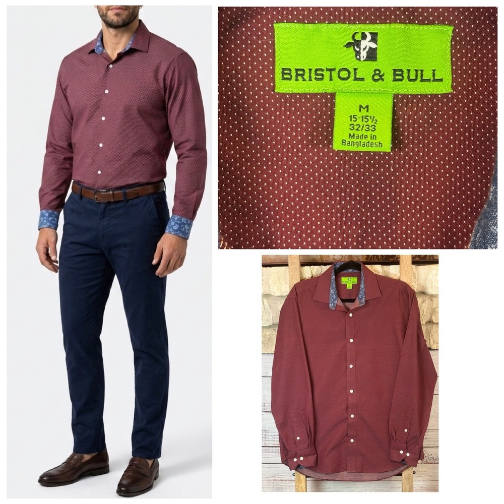 Bristol & Bull Mens Maroon Micro Dot Button Down Shirt Contrast Floral Trim M